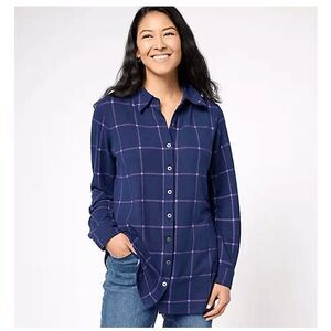 Denim & Co Womens XSP Heavenly Jersey Button Front Tunic Top Blue Plaid NWOT